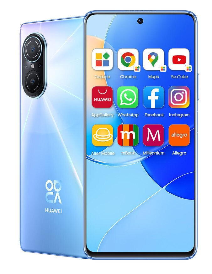 Niebieski telefon z wieloma ikonami aplikacji na ekranie i jasnoniebieskim tyłem z logo Huawei.