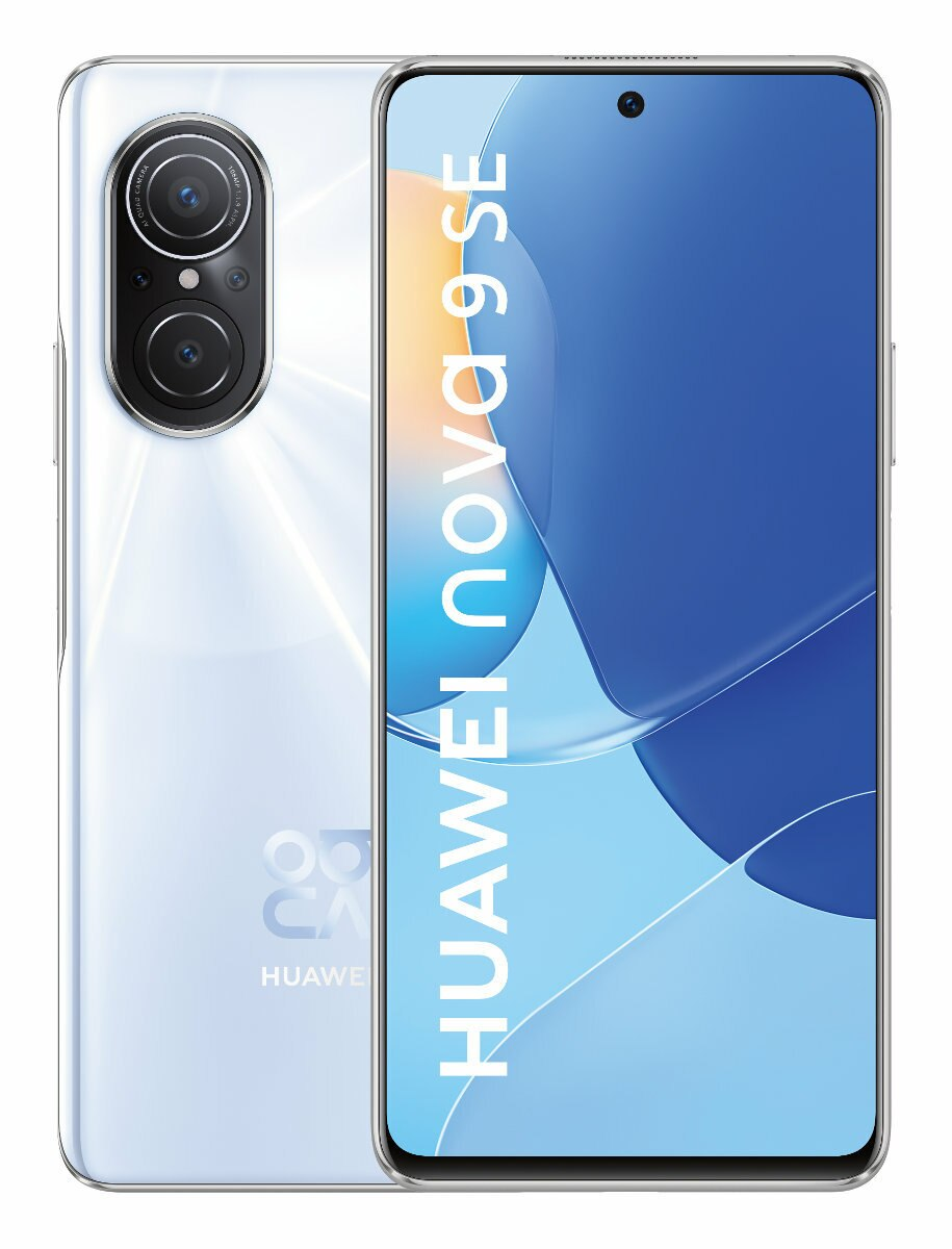 Biały telefon Huawei Nova 9 SE, pokazujący przód i tył, z potrójnym aparatem.