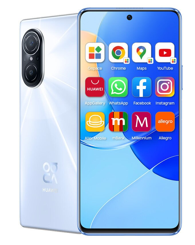 Biało-niebieski smartfon Huawei, pokazujący tył z aparatami i przód z ikonami aplikacji.