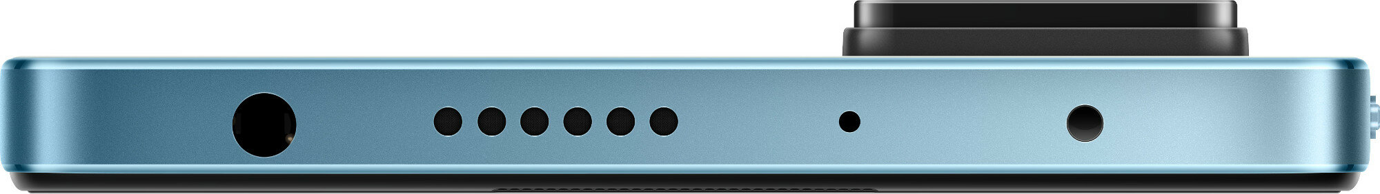 Dół jasno niebieskiego telefonu z portem ładowania, otworami głośnika i mikrofonem.