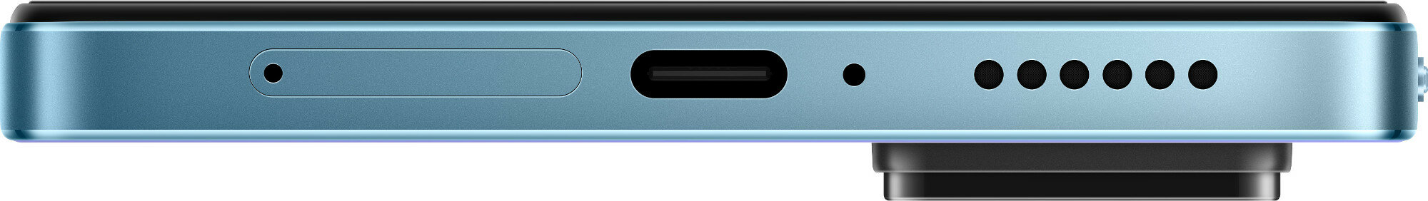 Zbliżenie dolnej krawędzi smartfona, pokazujące port ładowania i otwory głośnika.