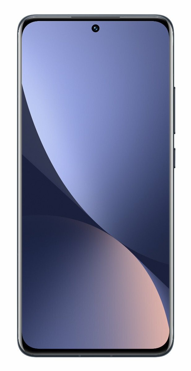 Smartfon z niebieskim gradientem wyświetlacza. Czarna ramka.