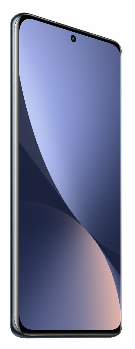 Smartfon w perspektywie, pokazujący zakrzywiony wyświetlacz z niebieskim gradientem i kamerą na górze.
