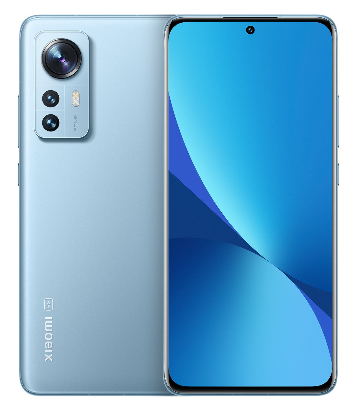 Telefon Xiaomi 12, jasnoniebieski tył, potrójny aparat i pełny ekran. Logo Xiaomi na dole.