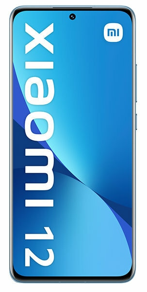 Ekran smartfona wyświetlający tekst 'Xiaomi 12' na niebieskim tle.