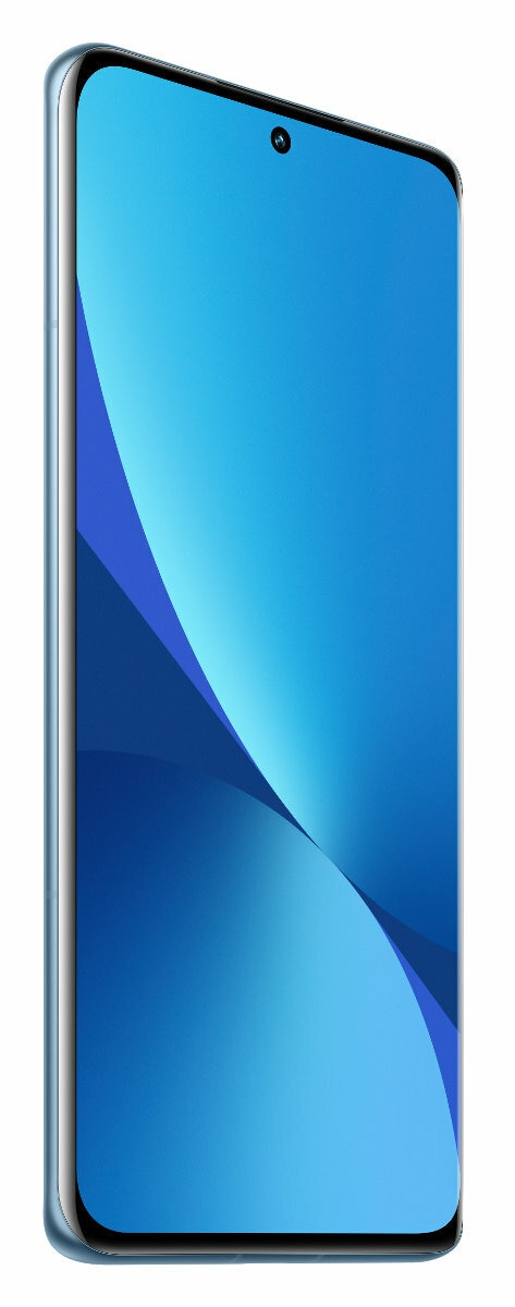 Niebieski smartfon z niebieskim ekranem, widok z boku. Zakrzywiony wyświetlacz. Jasnoniebieska ramka.