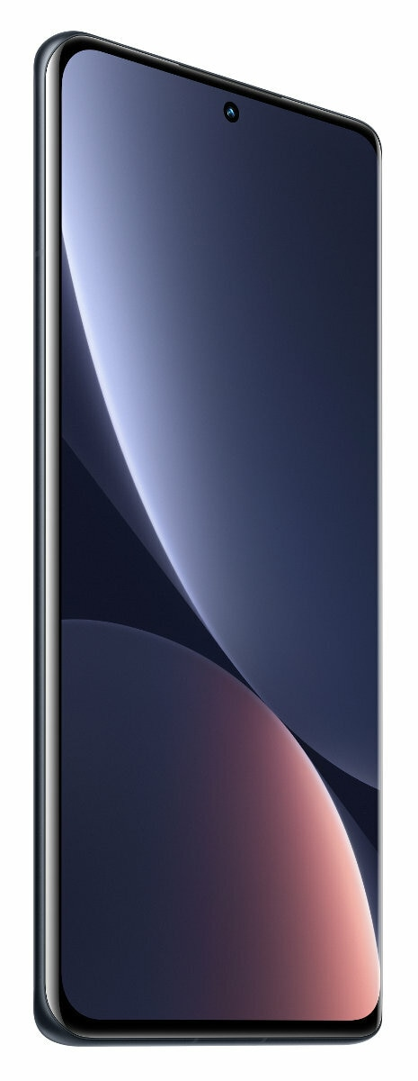 Smartfon widziany z boku. Ekran jest niebieski i pokazuje ciemne tło. Telefon jest czarny.