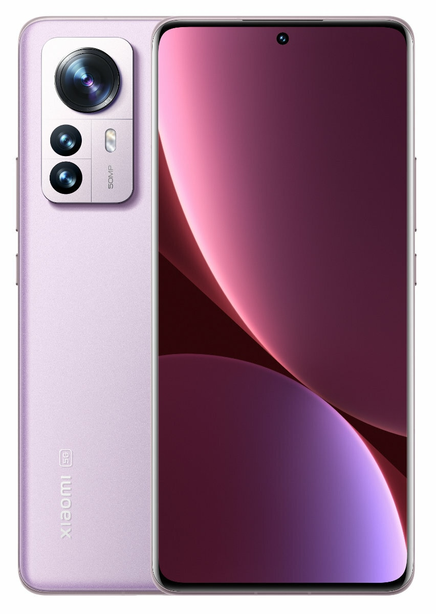 Fioletowy smartfon Xiaomi, pokazujący tył i przód telefonu, z aparatem i ekranem.