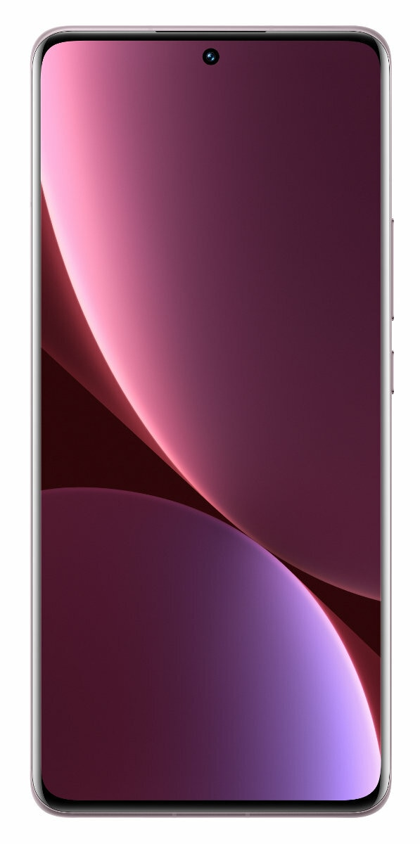 Smartfon o eleganckim wyglądzie. Ekran wyświetla różowo-fioletowy abstrakcyjny wzór.