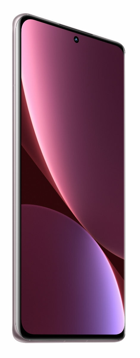 Smartfon z gradientowym wyświetlaczem, pokazujący schemat kolorów fioletowego i różowego.