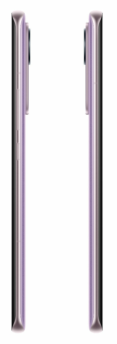 Dwa smukłe telefony z fioletowymi krawędziami stoją obok siebie na białym tle.