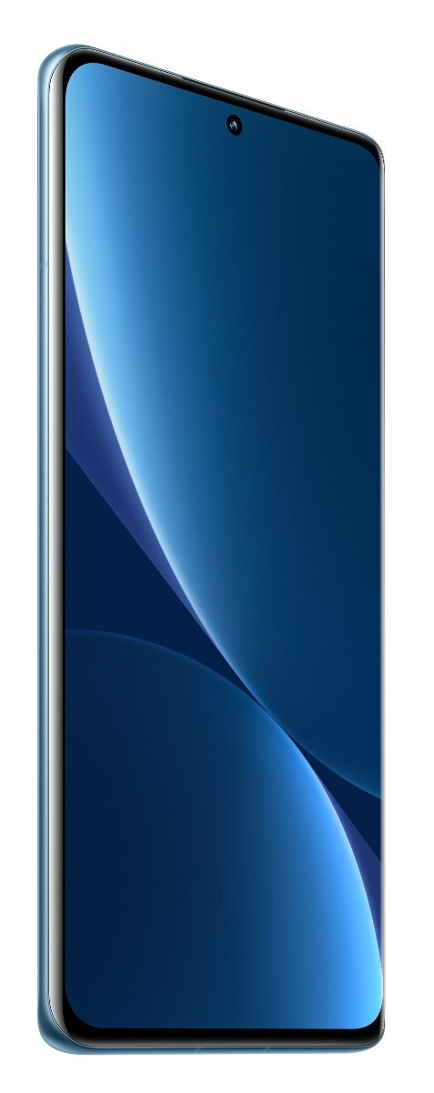 Niebieski smartfon na białej powierzchni, widziany z boku.