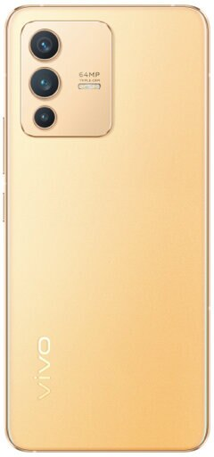 Tył złotego telefonu vivo z trzema aparatami i logo Vivo na dole. To złoty telefon.