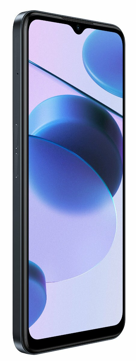 Niebieski telefon z ekranem pokazującym abstrakcyjne niebieskie kształty, na białym tle.