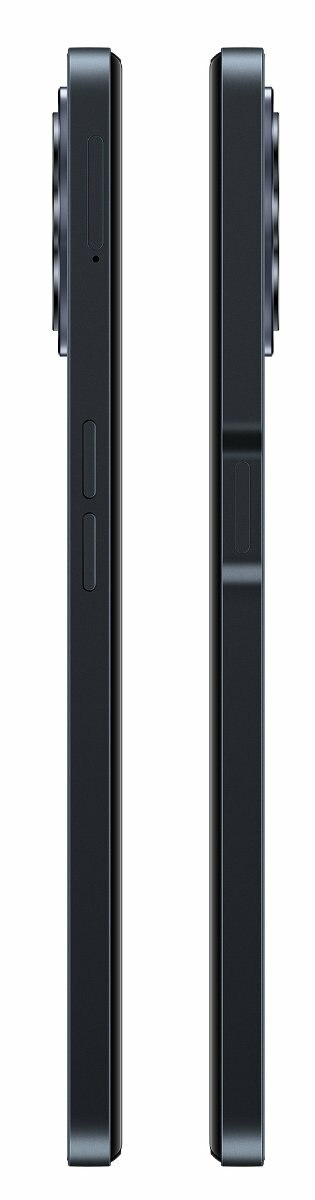 Czarny smartfon, widok z boku, widoczne przyciski głośności i zasilania. Ciemne tło.