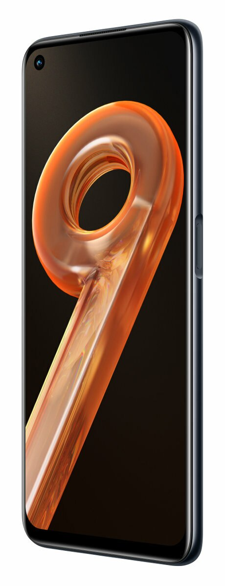 Ciemnoniebieski smartfon z dużym pomarańczowym wirującym wzorem na ekranie, widok z boku.