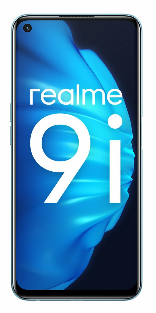 Telefon Realme 9i. Ekran wyświetla słowo '9i' na biało.