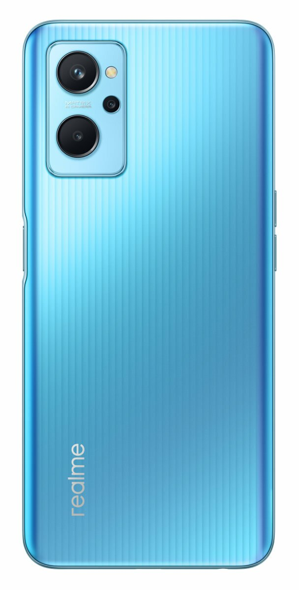 Niebieski tył telefonu z aparatami i logo realme. Pionowe linie.