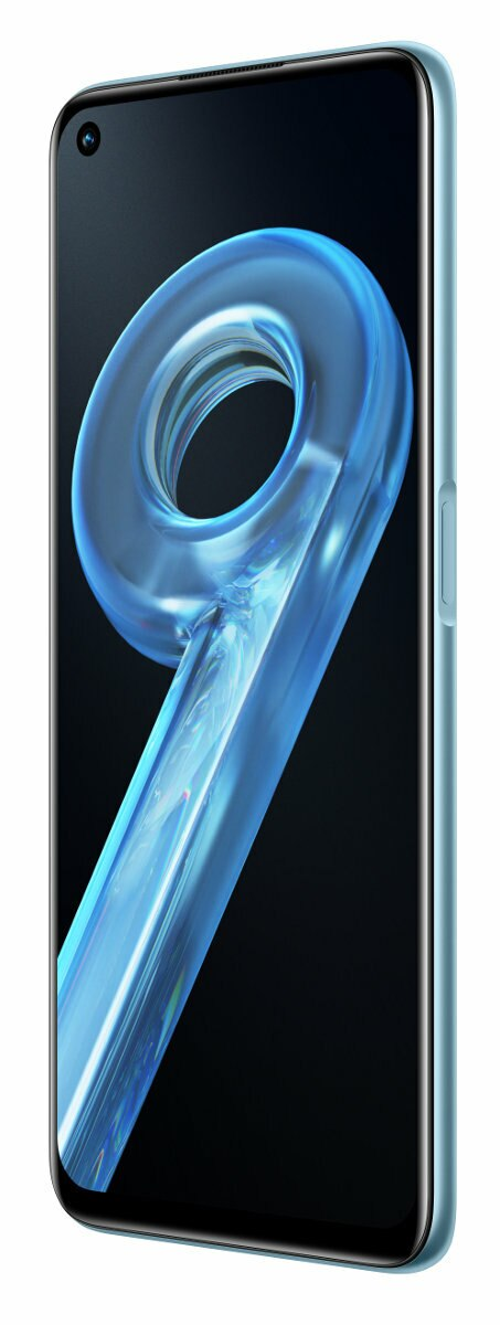 Niebieski smartfon z dużą grafiką '9' na wyświetlaczu, widok z boku.
