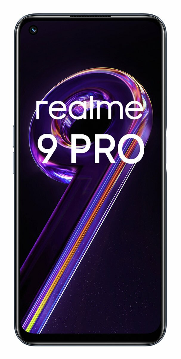 Czarny telefon Realme 9 Pro. Ekran pokazuje wirujący fioletowo-złoty wzór.