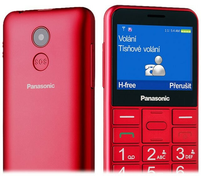 Dwa czerwone telefony Panasonic, jeden z ekranem głównym z funkcjami połączeń.