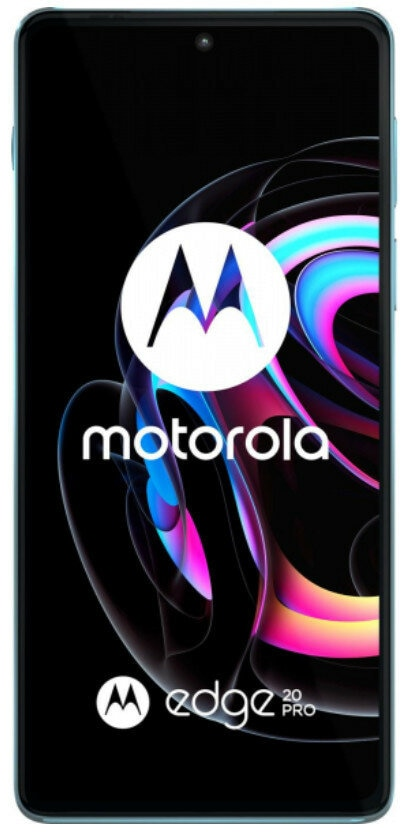 Telefon Motorola. Czarny ekran z logo. Niebieska ramka. Tekst Edge 20 Pro. Czarne tło.
