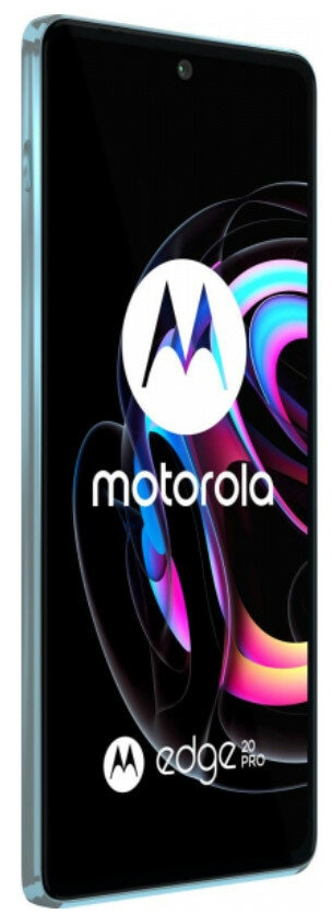 Telefon Motorola Edge 20 Pro, widok pod kątem, z logo i wyświetlaczem na czarnym tle.