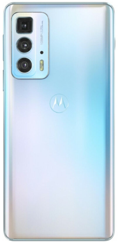 Tył jasnoniebieskiego telefonu Motorola. Ma trzy aparaty i logo. Powierzchnia ma efekt gradientu.