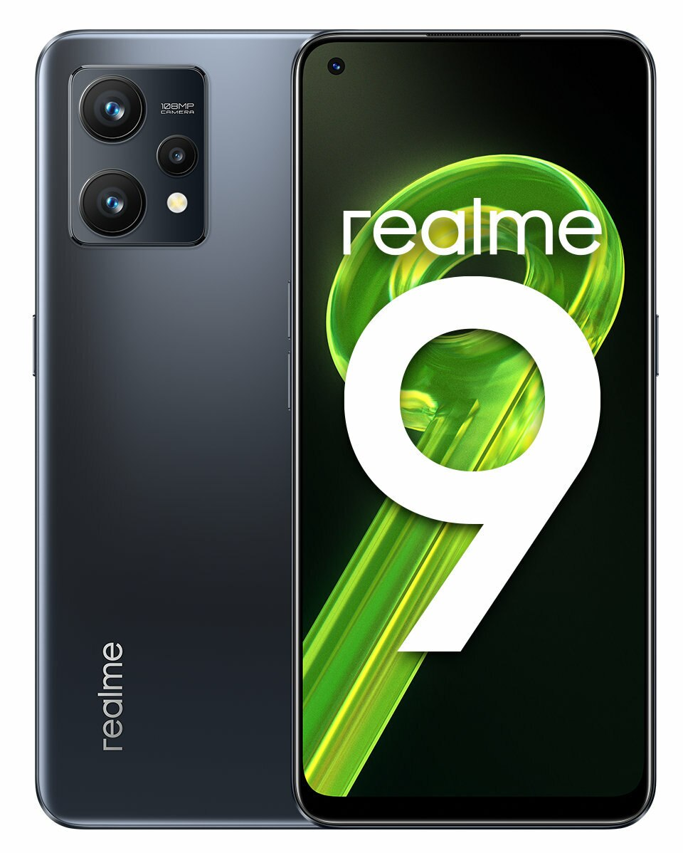 Czarny telefon Realme 9 z potrójnym aparatem i cyfrą 9 w kolorze białym na zielonym tle.