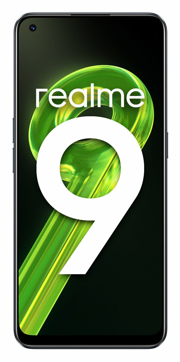 Ekran telefonu pokazuje zielono-żółty wzór ze słowem 'realme' i numerem '9'.