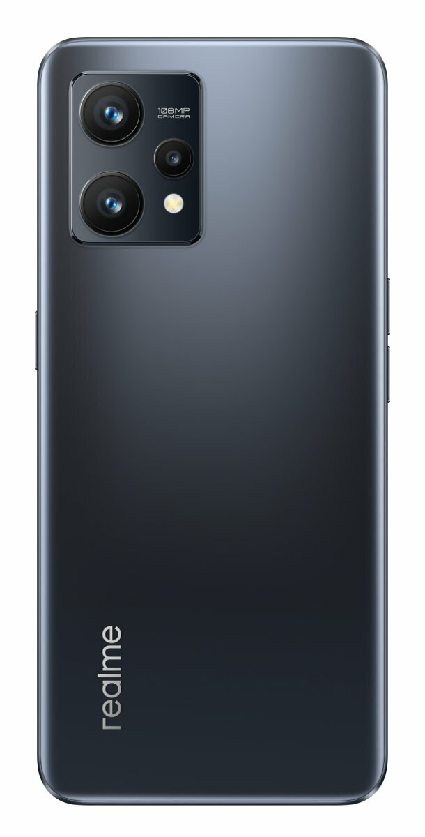 Ciemnoszary tył smartfona. Wiele aparatów, logo i nazwa marki.