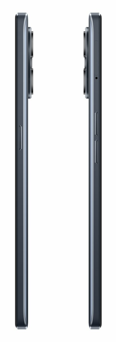 Dwa czarne telefony obok siebie. Widok z boku pokazuje przyciski, aparat i elegancki design.