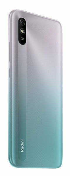 Tył gradientowego zielono-szarego smartfona z tylnym aparatem i napisem Redmi.