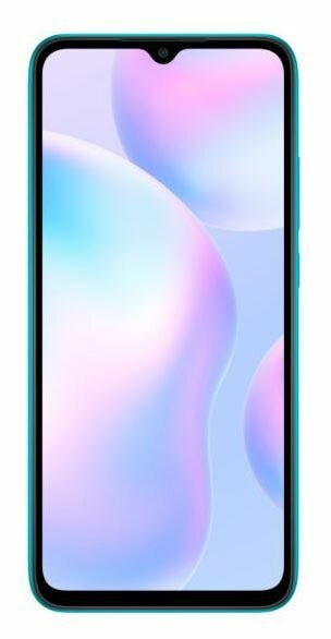 Turkusowy telefon z wirującym, jasnoniebieskim i różowym wzorem.