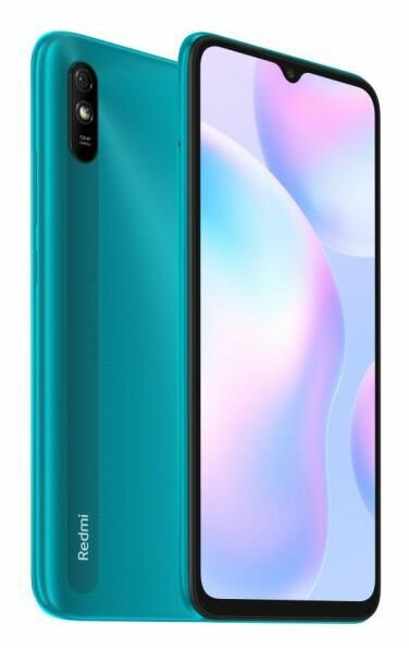 Niebiesko-zielony telefon Redmi, pokazujący tył i przód z dwoma aparatami.