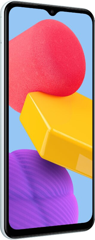 Niebieski telefon z kolorowymi abstrakcyjnymi kształtami. Widoczne czerwone, żółte i fioletowe kształty.