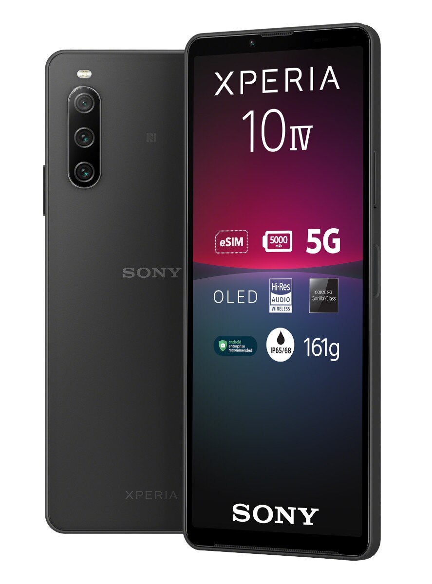 Czarny telefon Sony Xperia 10 IV z potrójnym aparatem i widocznym przednim ekranem.