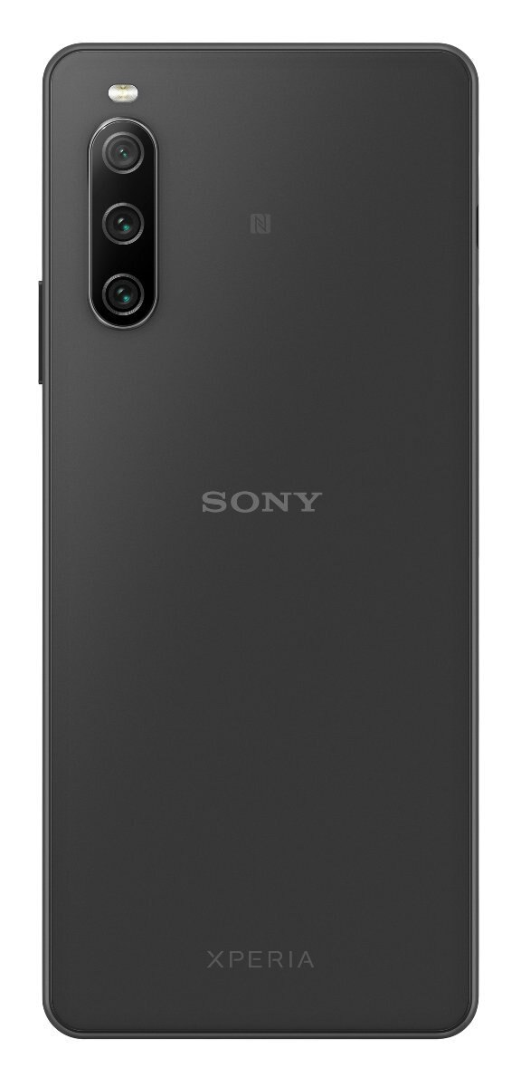 Tył ciemnoszarego smartfona z potrójnym aparatem i logo Sony.