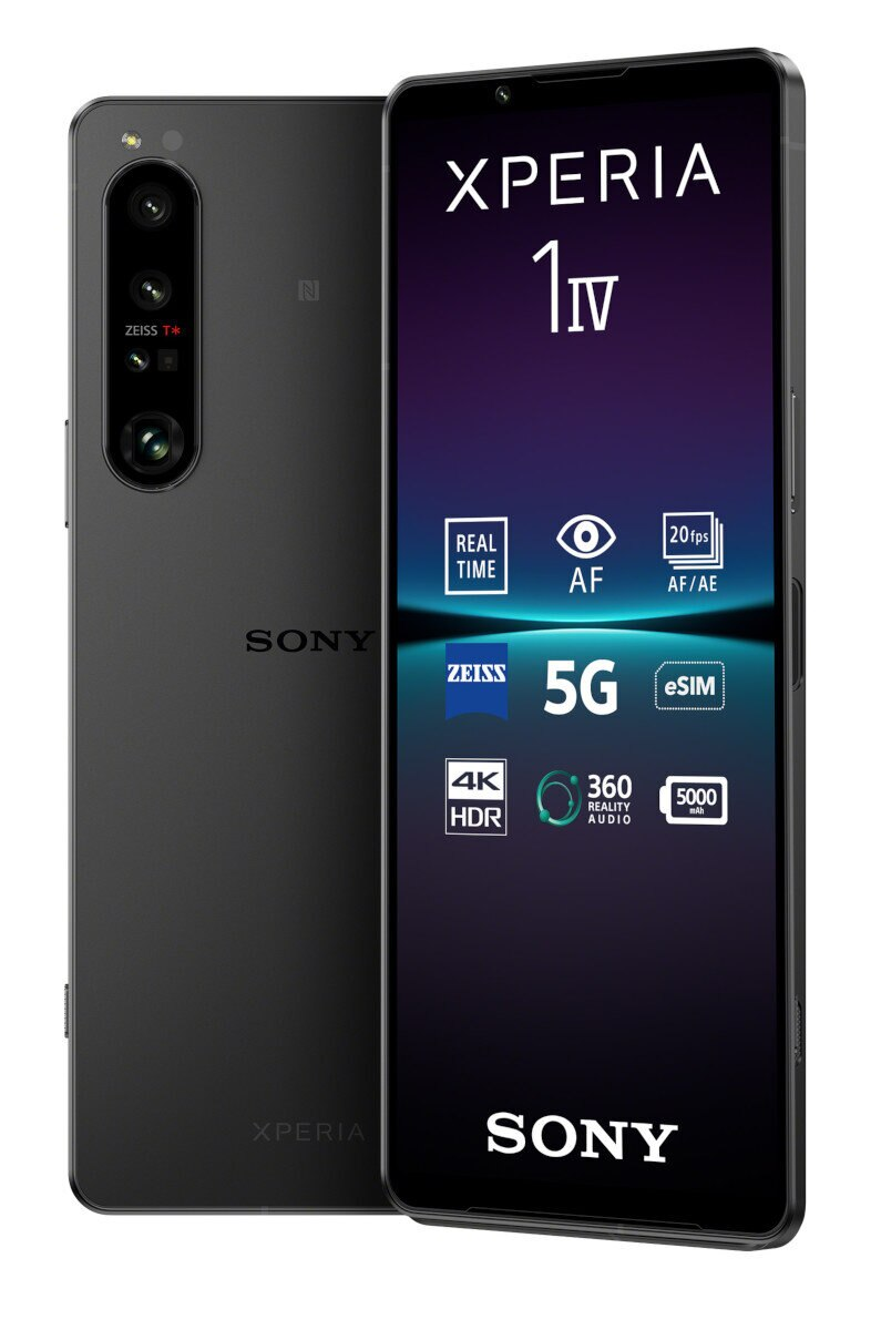 Czarny telefon Sony Xperia z włączonym wyświetlaczem i tyłem z kamerami. Posiada 5G, eSIM, 4K HDR i obiektyw Zeiss.