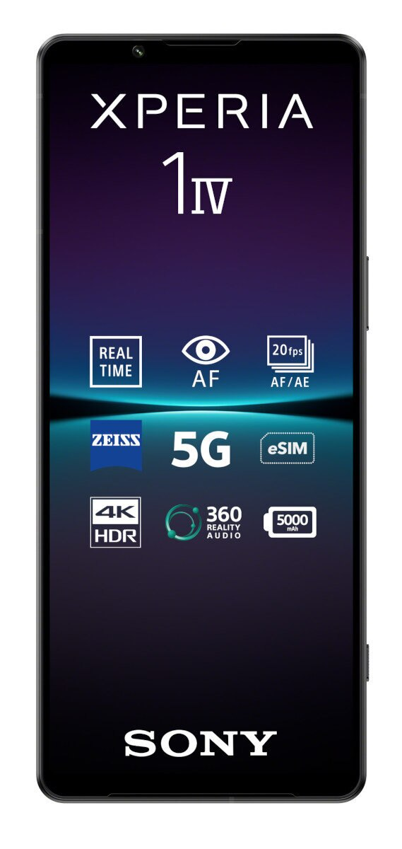 Widok z przodu smartfona Sony Xperia. Ekran wyświetla 'XPERIA 1 IV' i ikony funkcji, jak 5G i Zeiss.