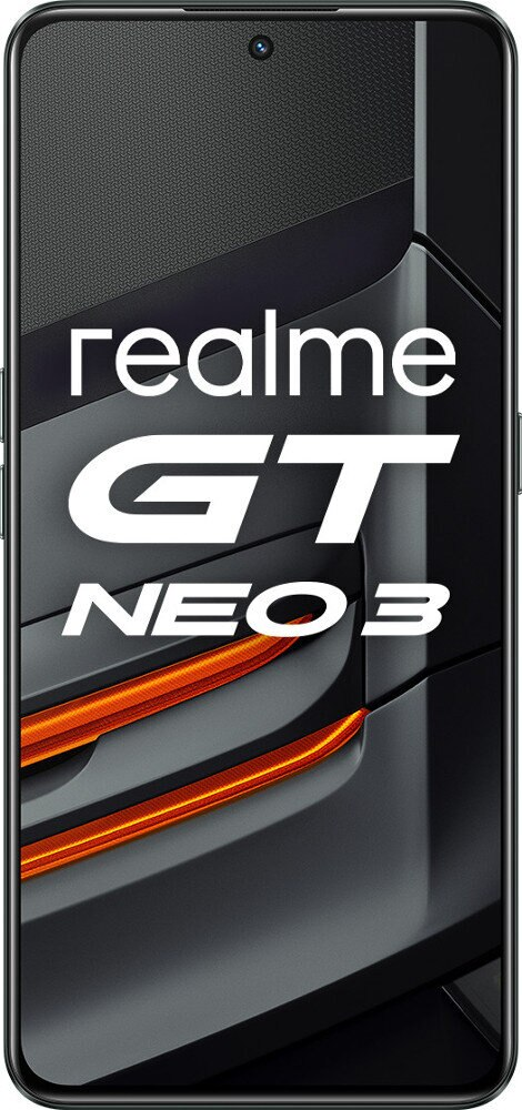 Telefon Realme GT Neo 3, widok z przodu z czarno-pomarańczowym designem.