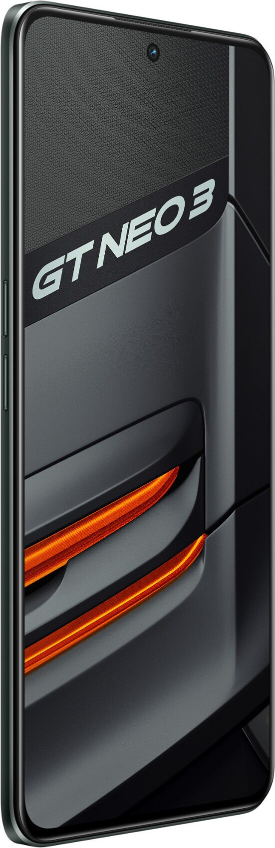 Czarny smartfon z pomarańczowymi elementami designu. Ekran wyświetla 'GT NEO 3'.