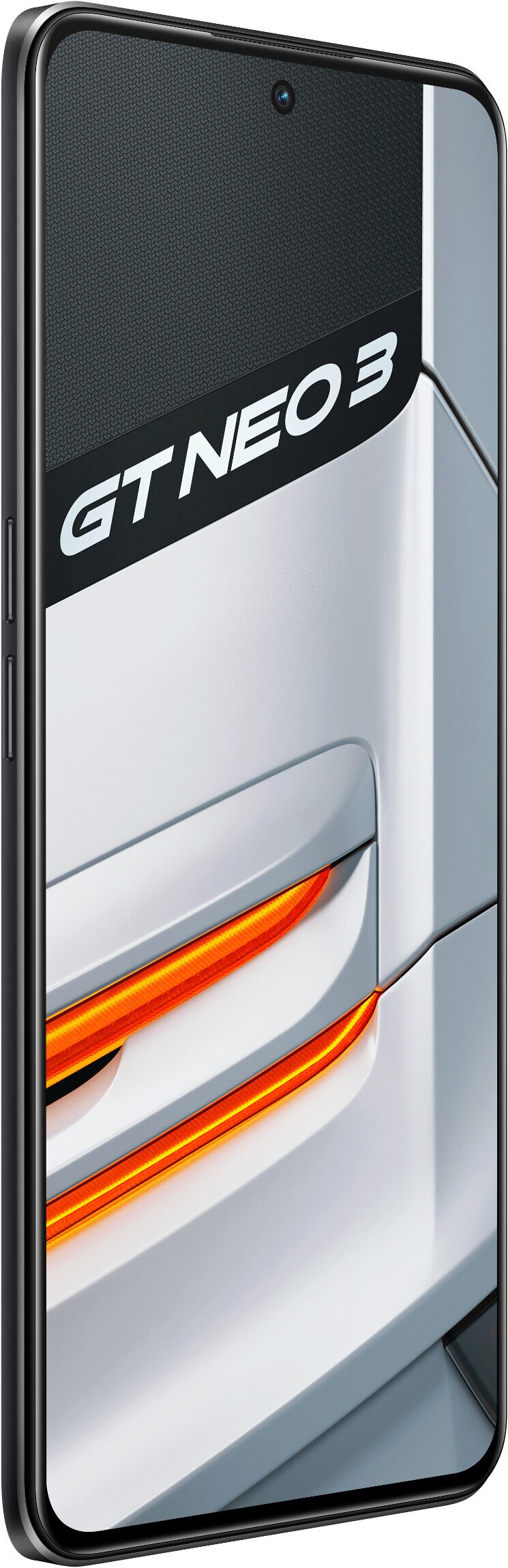Szary telefon, pod kątem, z białym napisem GT NEO 3 z tyłu. Pomarańczowe akcenty. Czarna ramka.