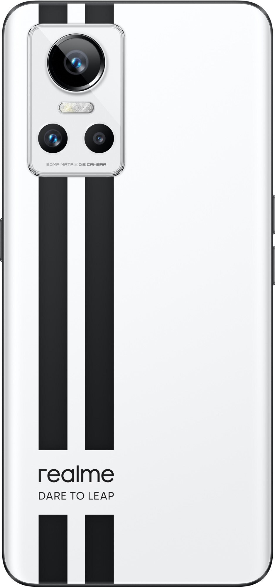 Tył białego telefonu Realme z modułem aparatu i czarnymi paskami.