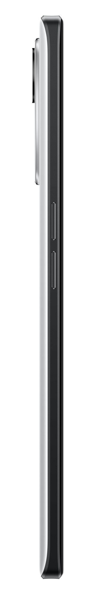 Widok z boku smartfona. Telefon jest srebrny z czarnymi krawędziami, z przyciskami głośności i zasilania.