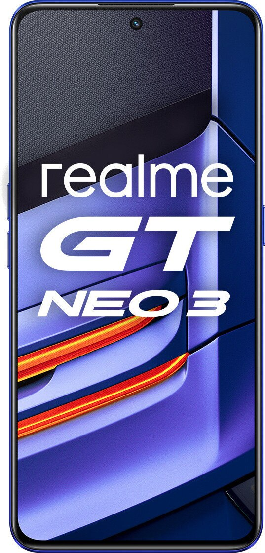 Niebieski smartfon z pomarańczowymi akcentami i białym napisem GT NEO 3.
