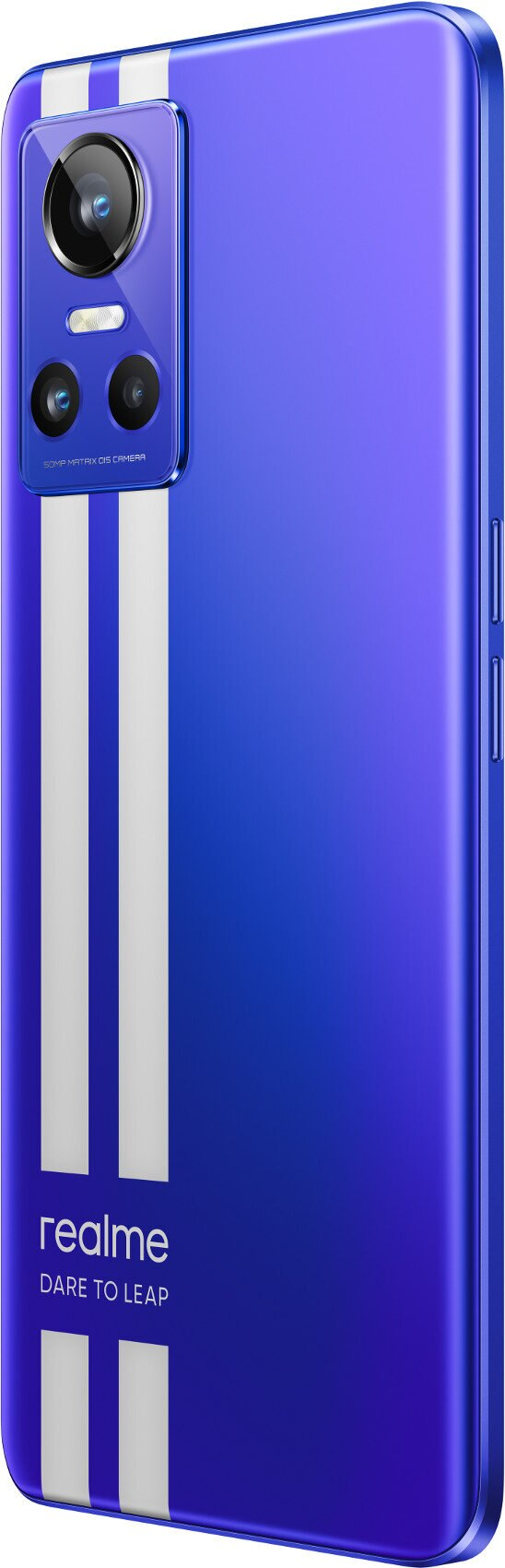 Niebieski telefon z białymi paskami z tyłu, pokazujący aparat.