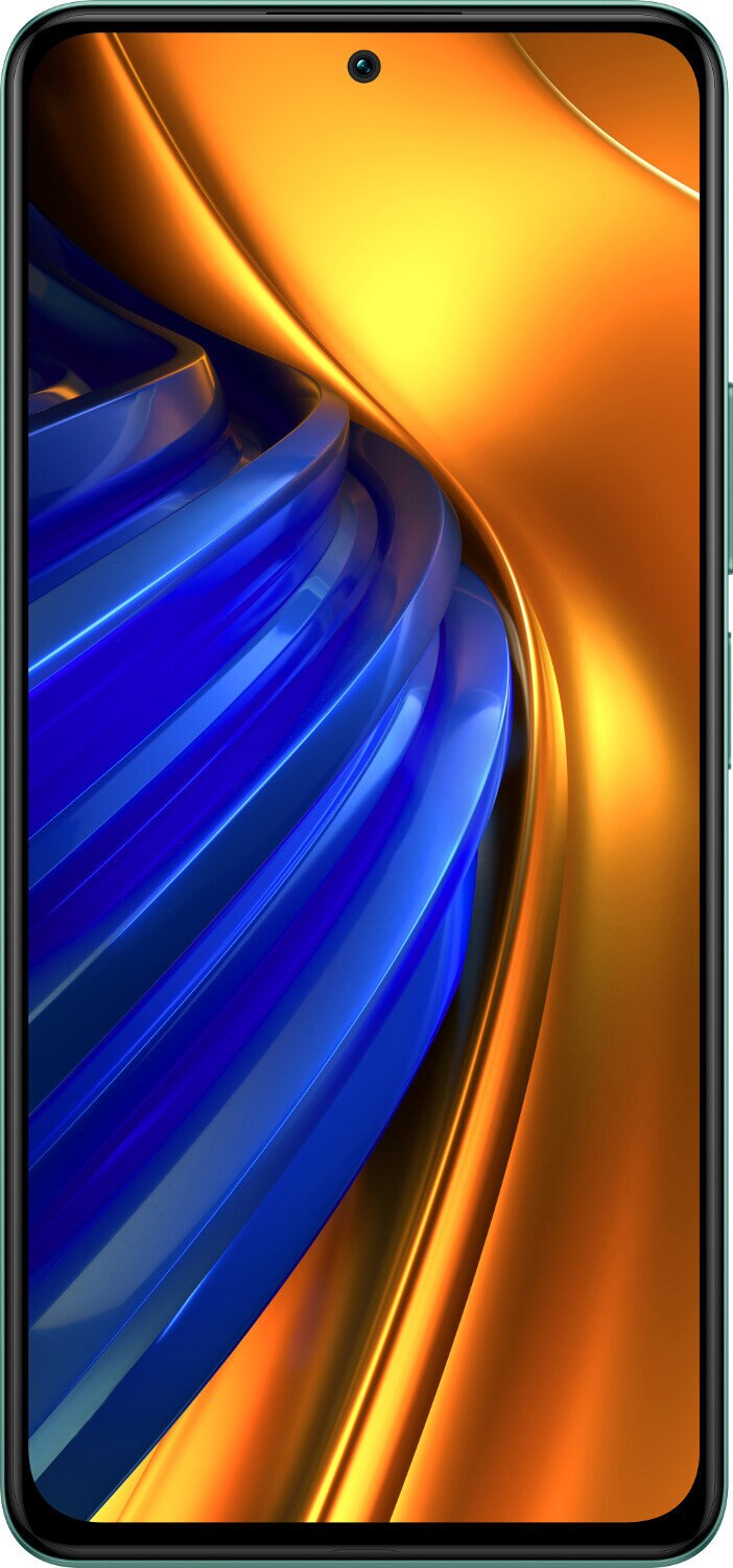 Zielony smartfon wyświetlający abstrakcyjny złoty i niebieski obraz.
