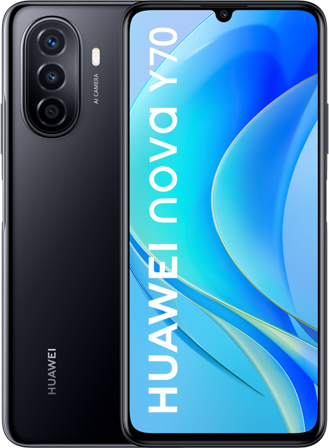 Czarny smartfon Huawei Nova Y70 z potrójnym aparatem.