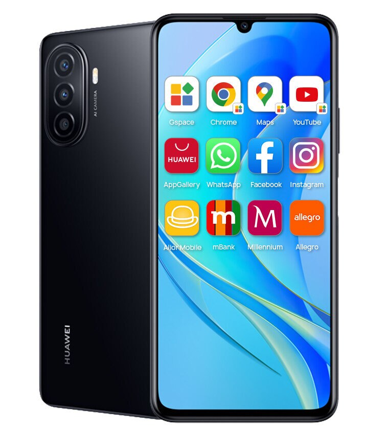 Czarny telefon Huawei z aplikacjami na ekranie. Telefon jest lekko pochylony.